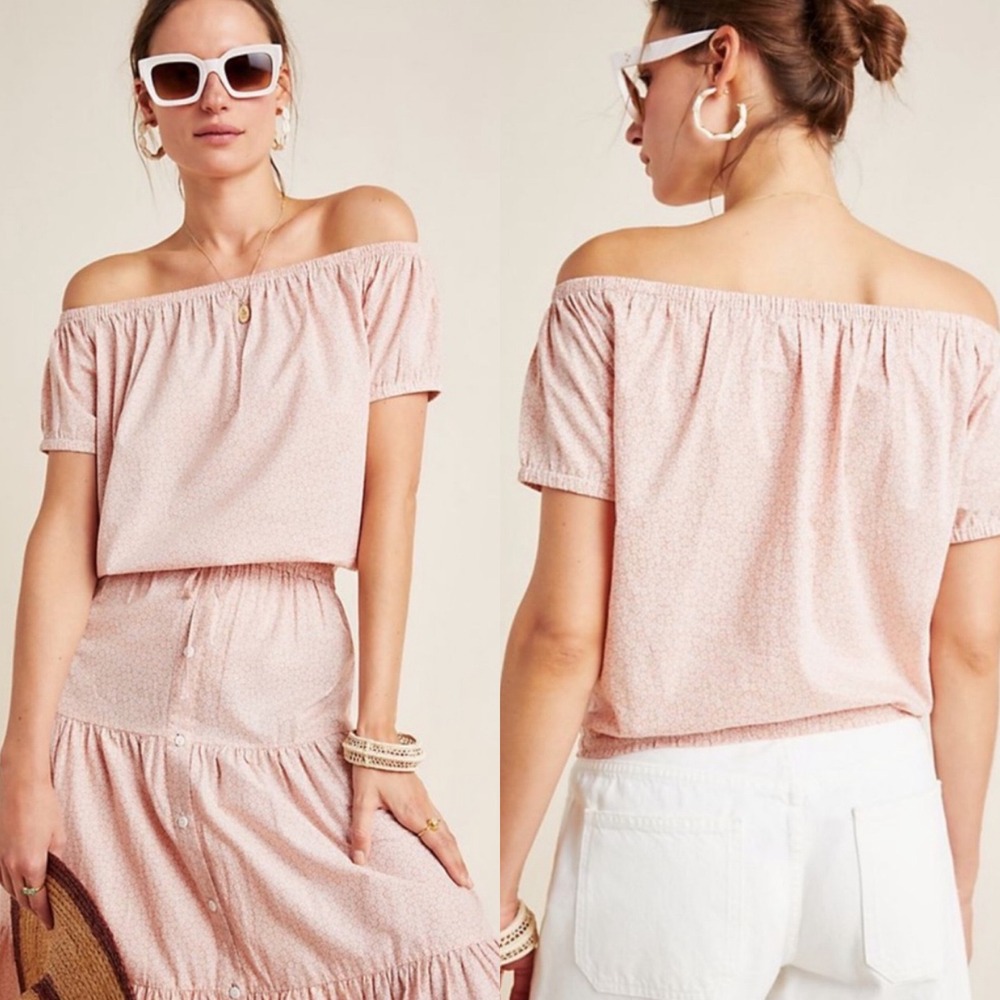 Anthropologie X Frye Floral Print Cropped Blouse S Pink Peasant Off The Shoulder